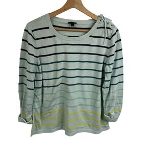 Talbots Women's Striped Green Mint Sweater Laces Pointelle‎ Neck Sz L L3/4sleeve
